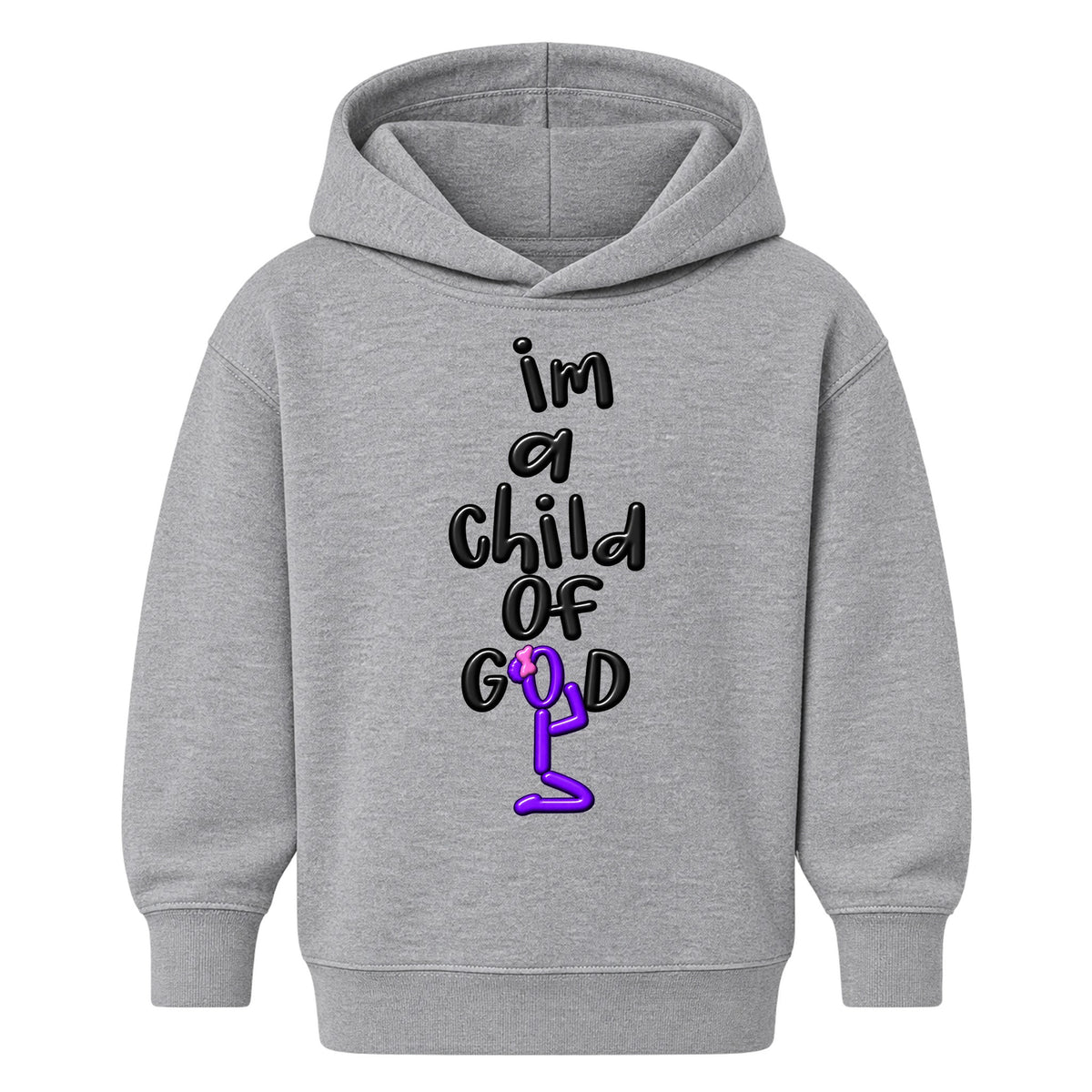 I'M A CHILD OF GOD kids hoodie Heather Gray front — Bun profile, EMBOSS
