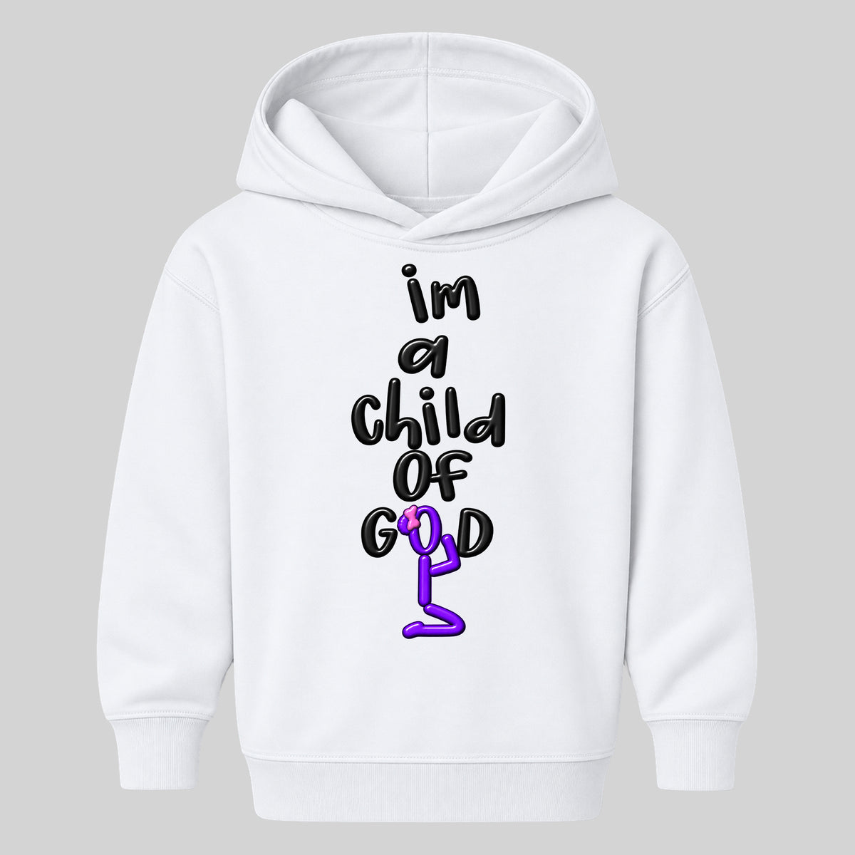 I'M A CHILD OF GOD kids hoodie white front — Bun profile, EMBOSS
