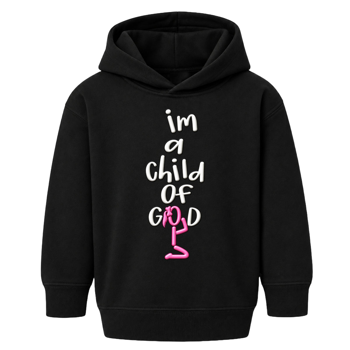 I'M A CHILD OF GOD kids hoodie black front — Ponytail profile, EMBOSS