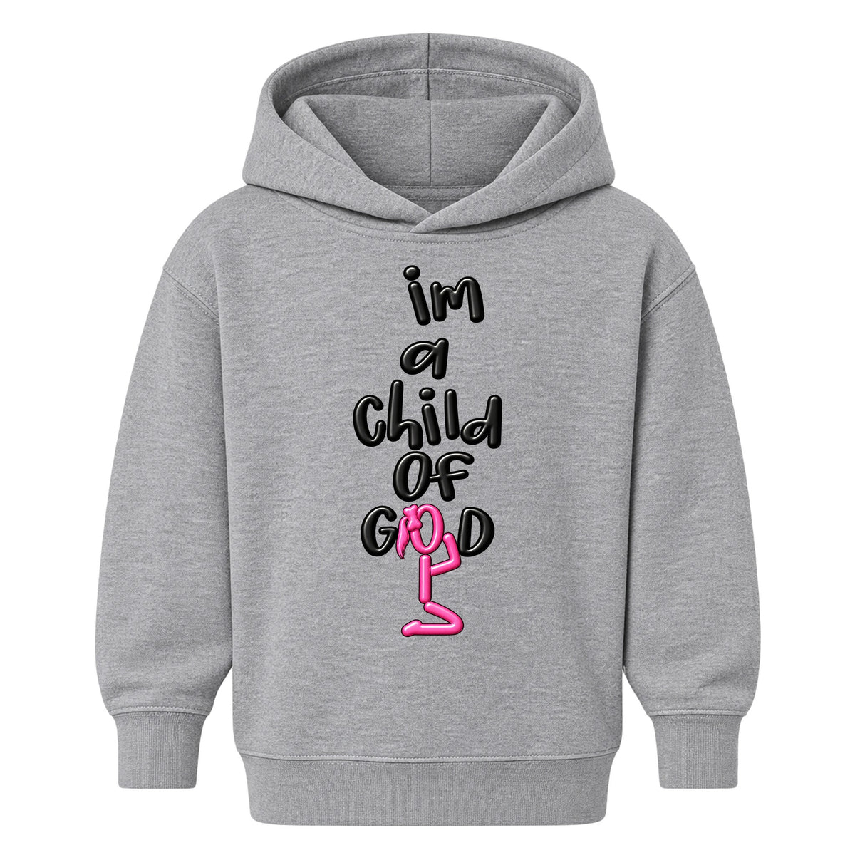 I'M A CHILD OF GOD kids hoodie Heather Gray front — Ponytail profile, EMBOSS