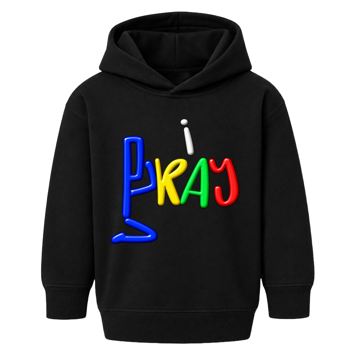 I PRAY kids hoodie black front — Original profile, EMBOSS
