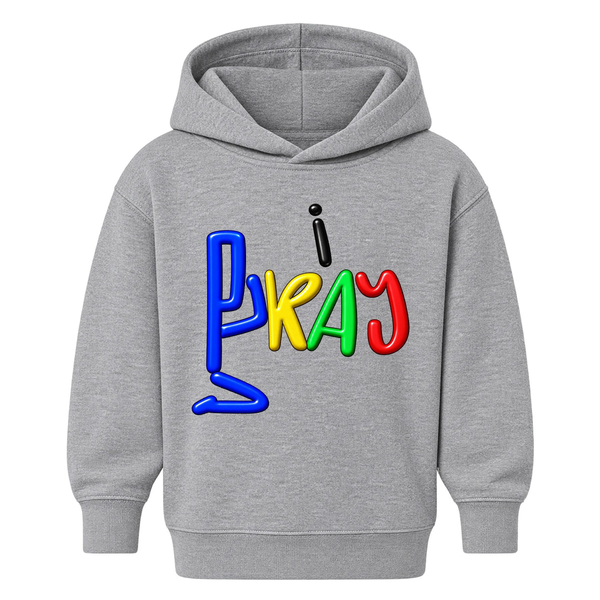 I PRAY kids hoodie Heather Gray front — Original profile, EMBOSS
