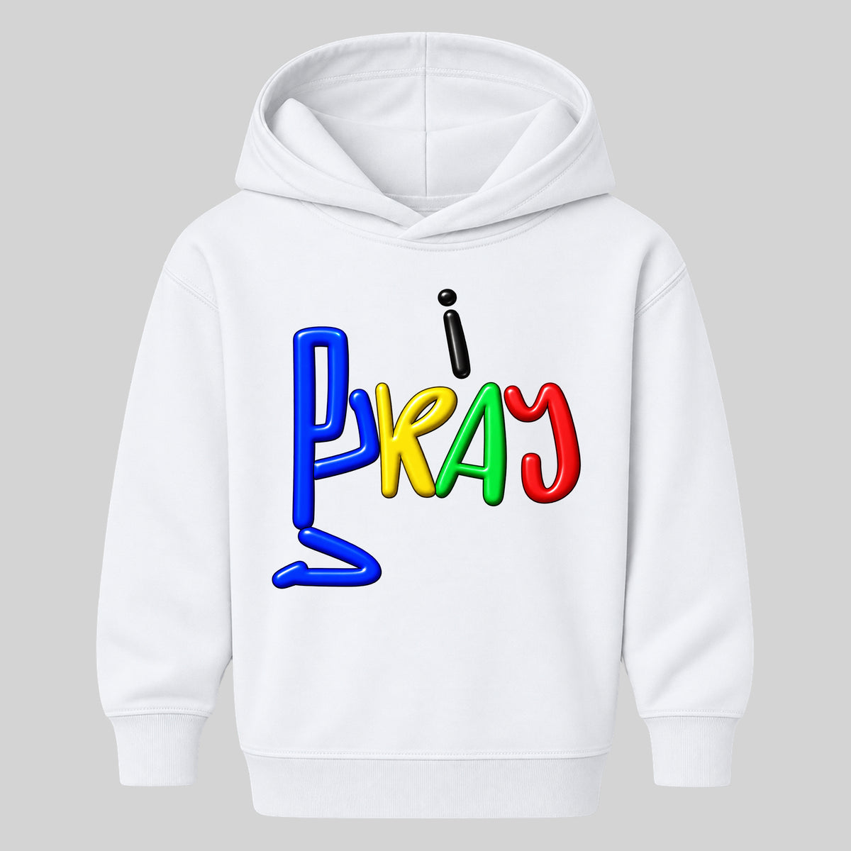 I PRAY kids hoodie white front — Original profile, EMBOSS