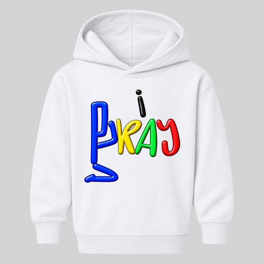 I PRAY kids hoodie white front — Original profile, EMBOSS
