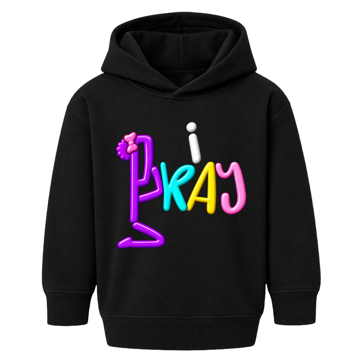 I PRAY kids hoodie black front — Bun profile, EMBOSS