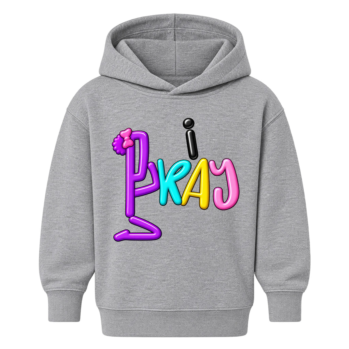 I PRAY kids hoodie Heather Gray front — Bun profile, EMBOSS