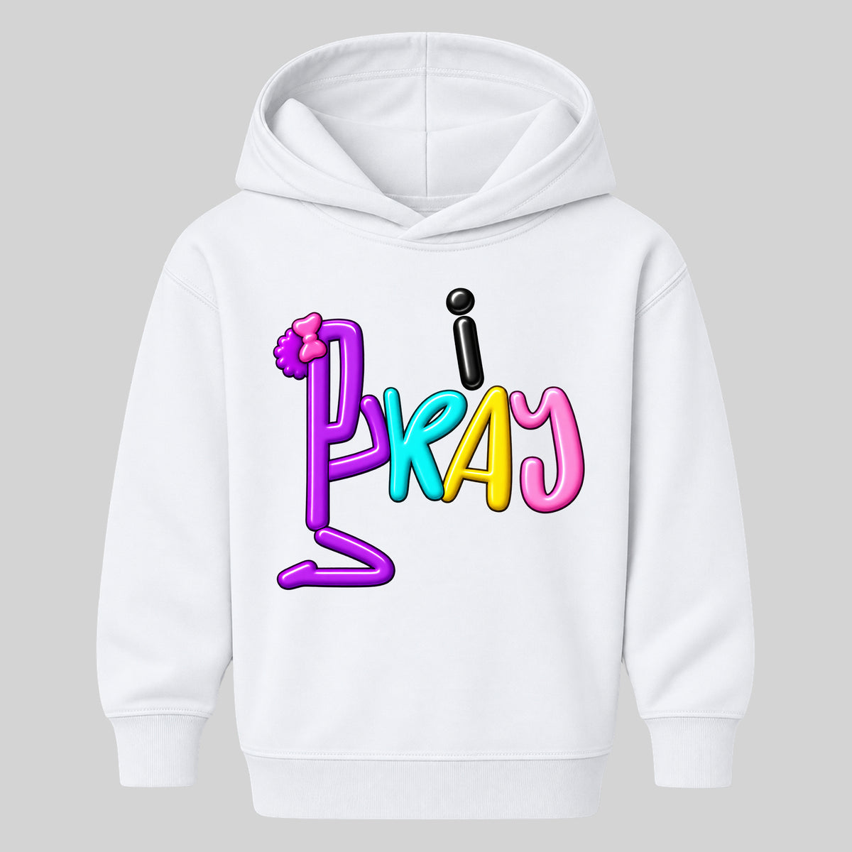 I PRAY kids hoodie white front — Bun profile, EMBOSS