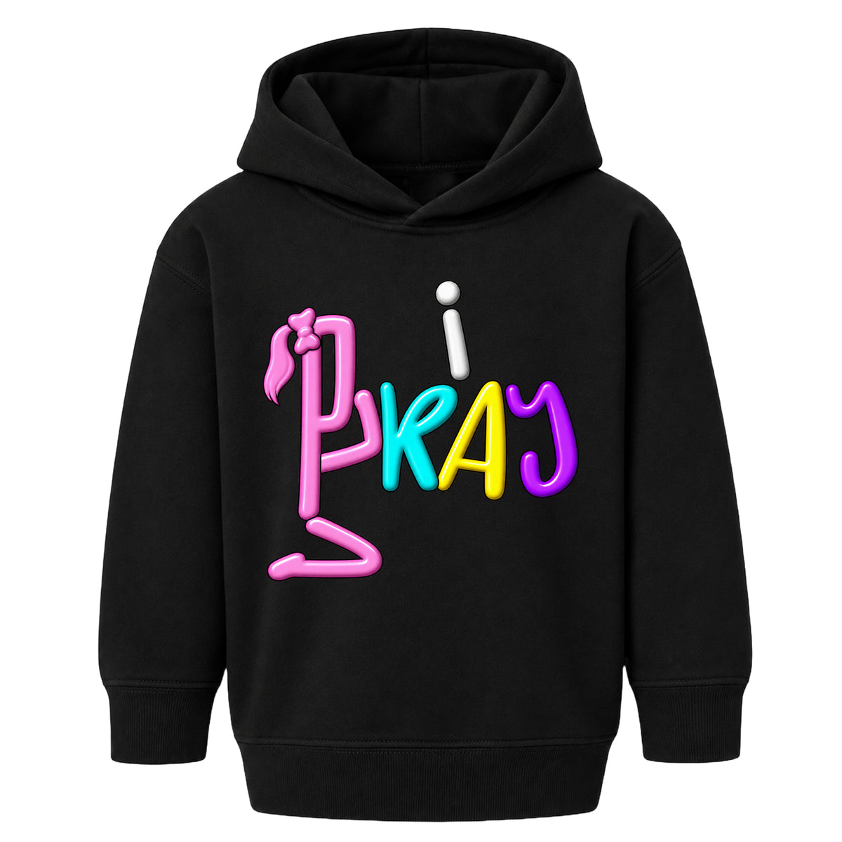 I PRAY kids hoodie black front — Ponytail profile, EMBOSS