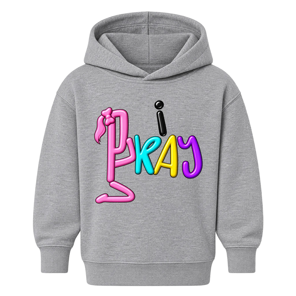 I PRAY kids hoodie Heather Gray front — Ponytail profile, EMBOSS
