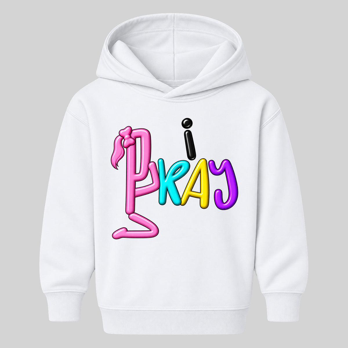 I PRAY kids hoodie white front — Ponytail profile, EMBOSS