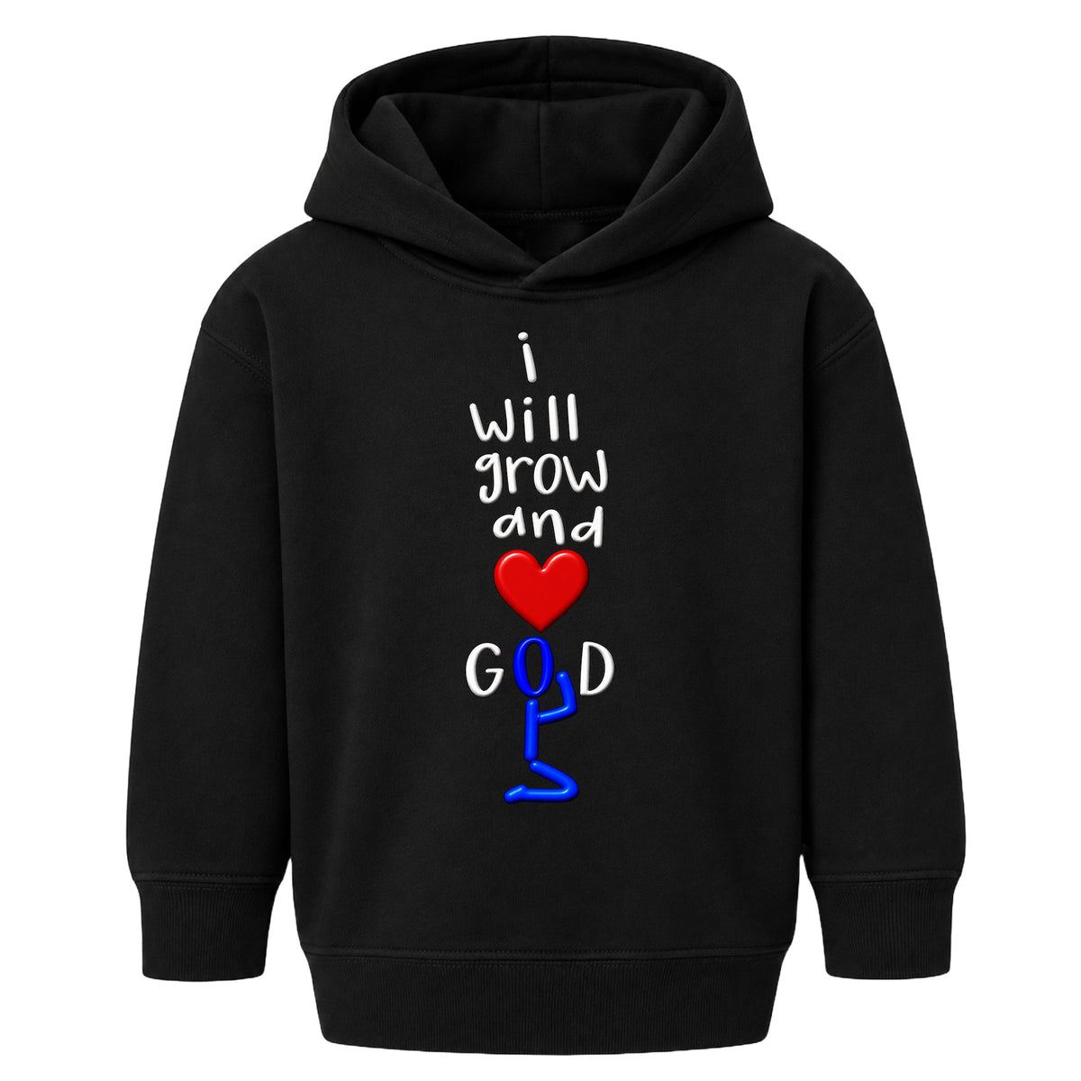 I WILL GROW AND LOVE GOD kids hoodie black front — Original profile, EMBOSS