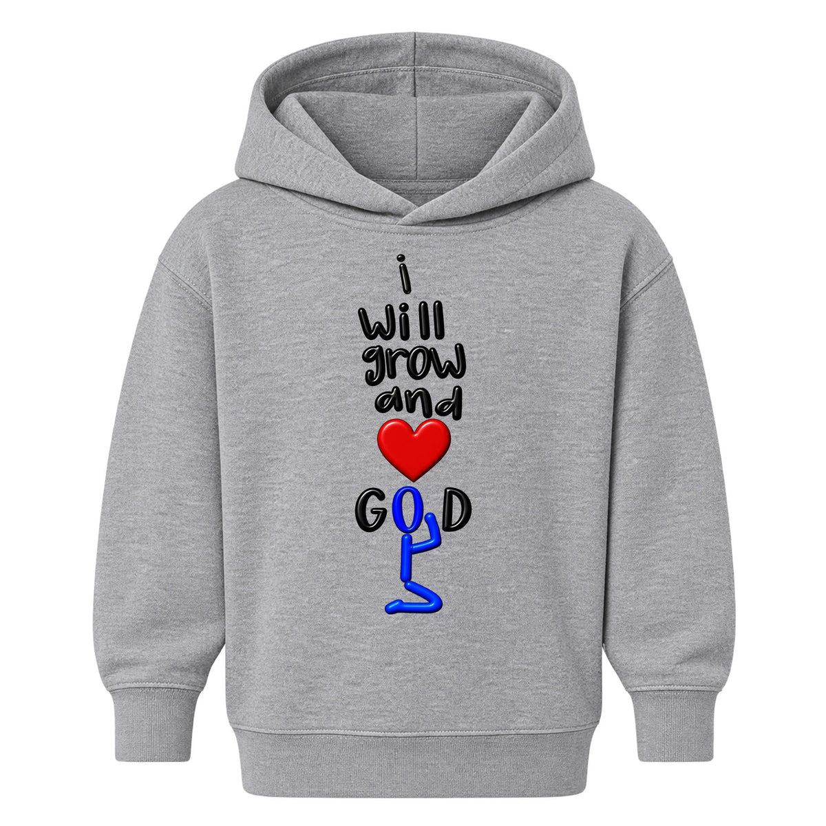 I WILL GROW AND LOVE GOD kids hoodie Heather Gray front — Original profile, EMBOSS