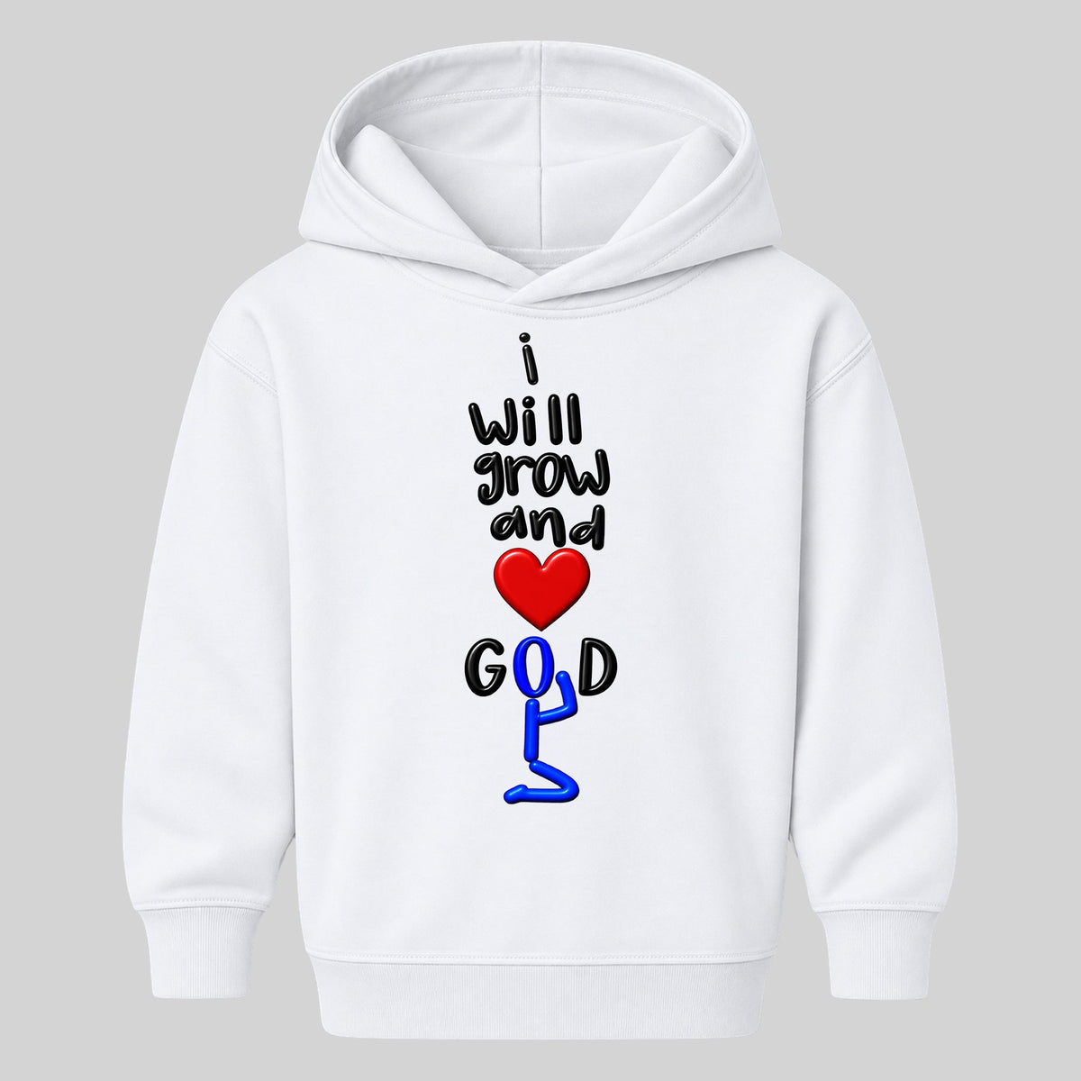 I WILL GROW AND LOVE GOD kids hoodie white front — Original profile, EMBOSS