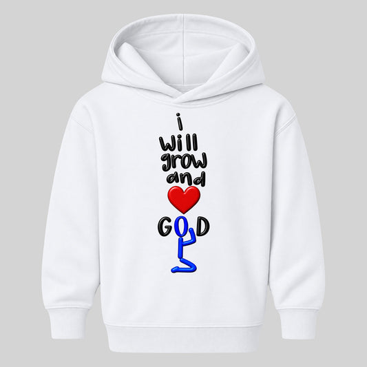 I WILL GROW AND LOVE GOD kids hoodie white front — Original profile, EMBOSS