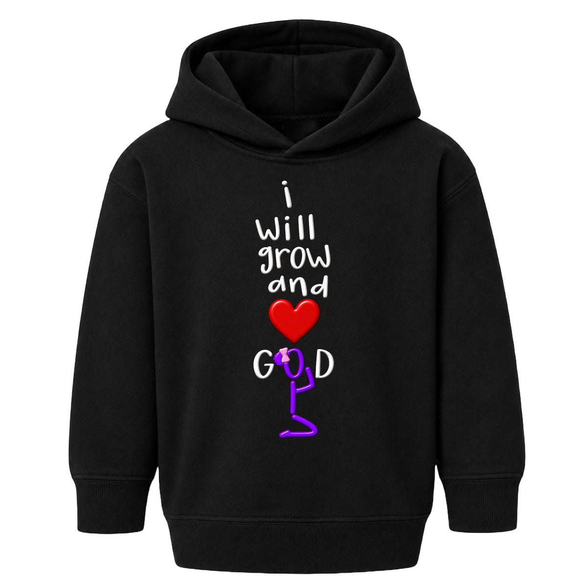 I WILL GROW AND LOVE GOD kids hoodie black front — Bun profile, EMBOSS