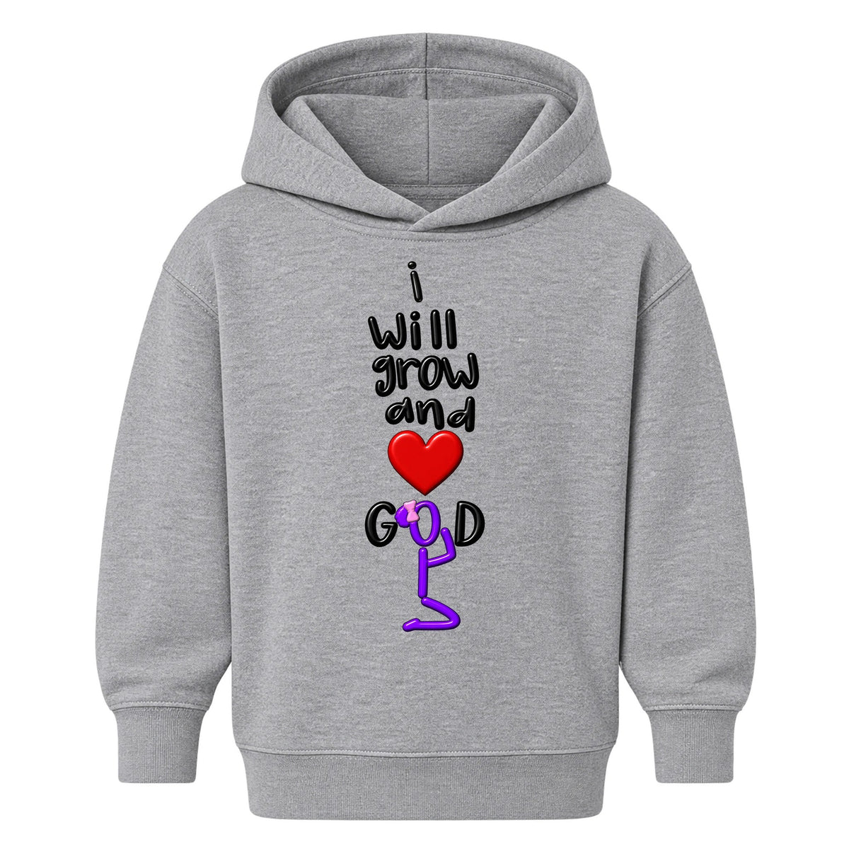 I WILL GROW AND LOVE GOD kids hoodie Heather Gray front — Bun profile, EMBOSS