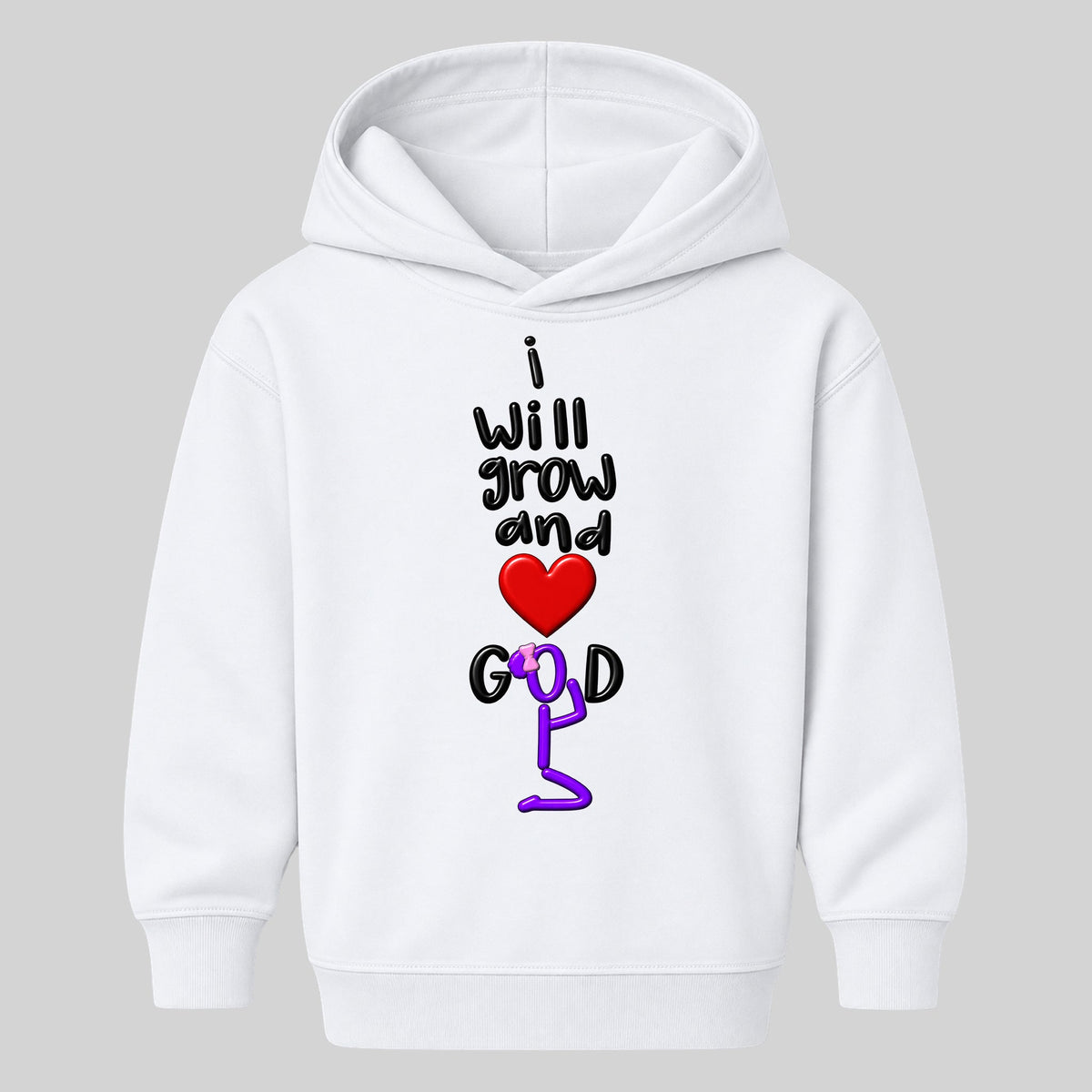 I WILL GROW AND LOVE GOD kids hoodie white front — Bun profile, EMBOSS