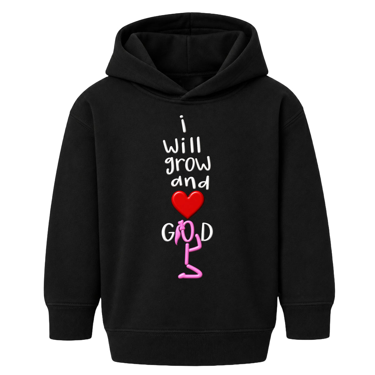 I WILL GROW AND LOVE GOD kids hoodie black front — Ponytail profile, EMBOSS