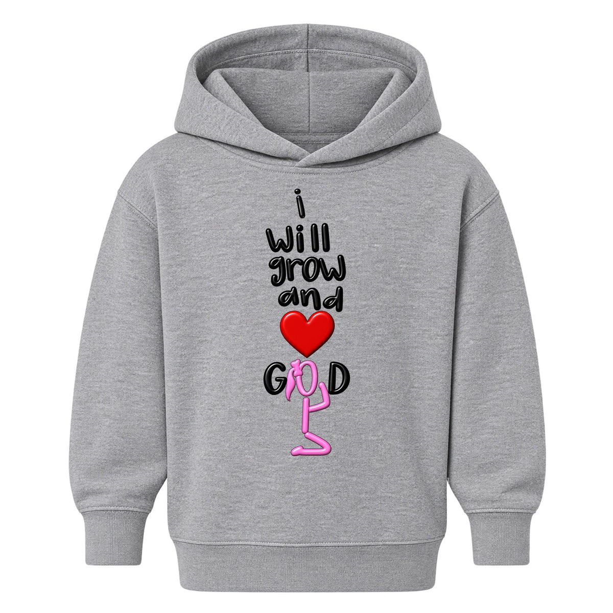 I WILL GROW AND LOVE GOD kids hoodie Heather Gray front — Ponytail profile, EMBOSS