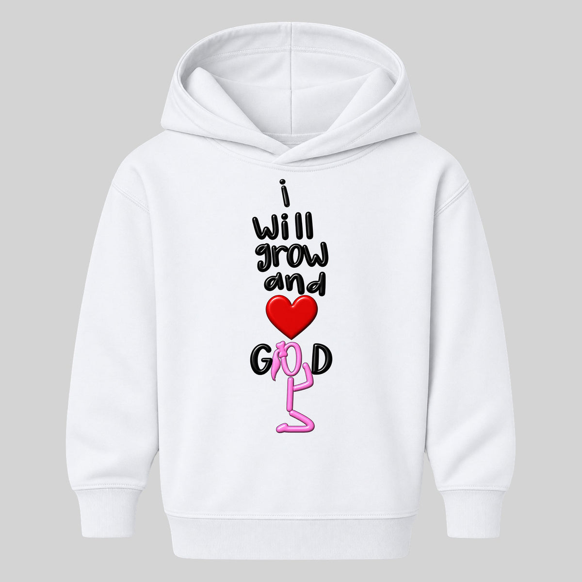 I WILL GROW AND LOVE GOD kids hoodie white front — Ponytail profile, EMBOSS