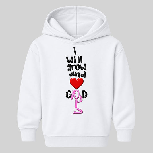 I WILL GROW AND LOVE GOD kids hoodie white front — Ponytail profile, EMBOSS