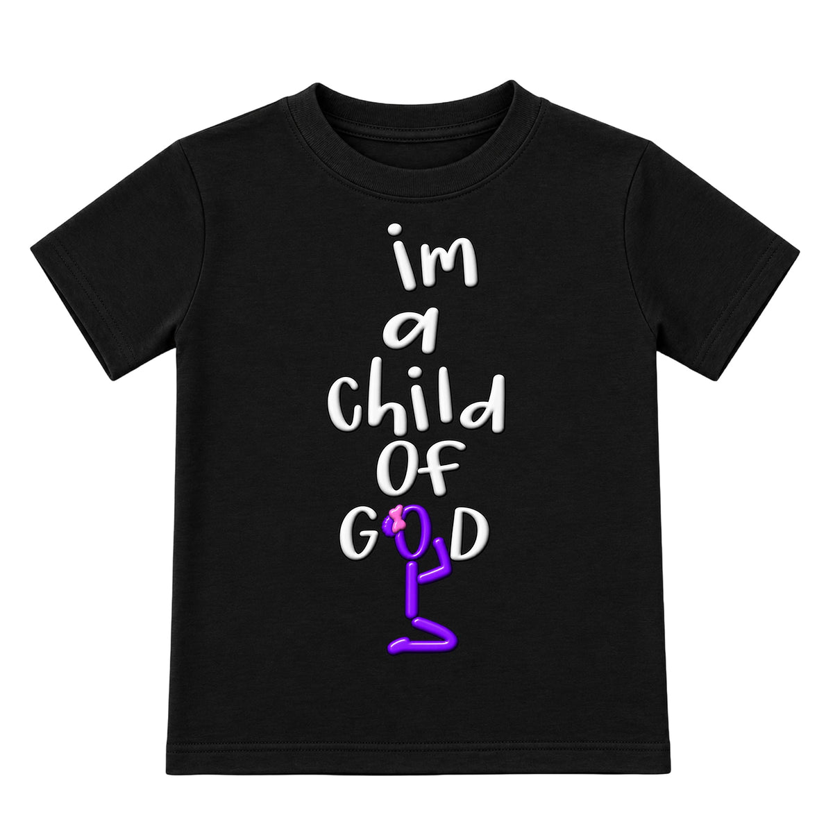 I'M A CHILD OF GOD Christian kids tee Black front, Bun profile