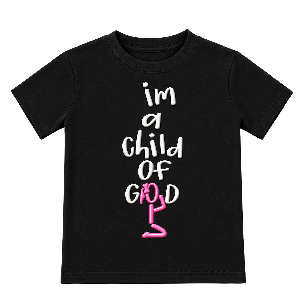 I'M A CHILD OF GOD Christian kids tee Black front, Ponytail profile