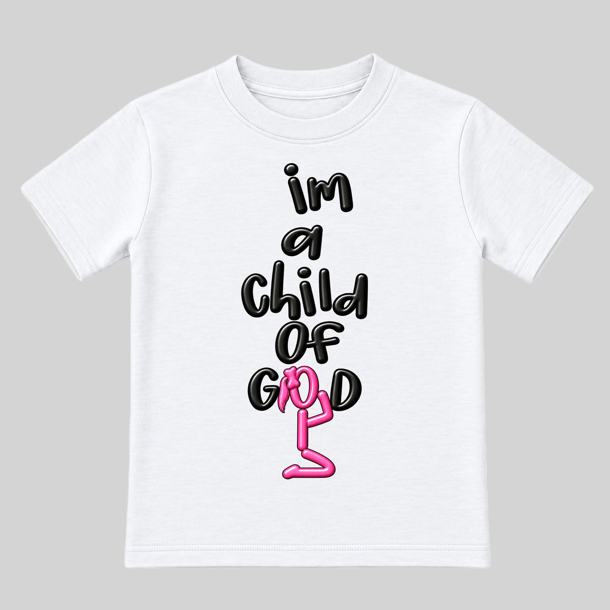 I'M A CHILD OF GOD Christian kids tee White front, Ponytail profile