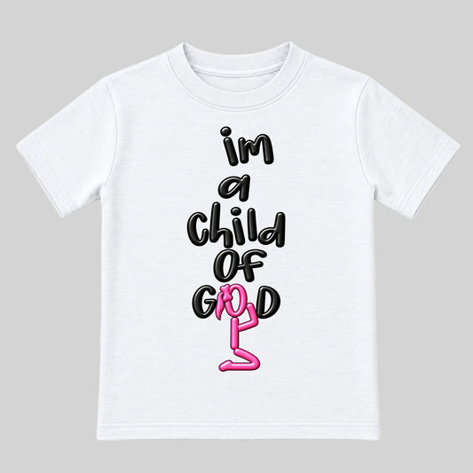 I'M A CHILD OF GOD Christian kids tee White front, Ponytail profile