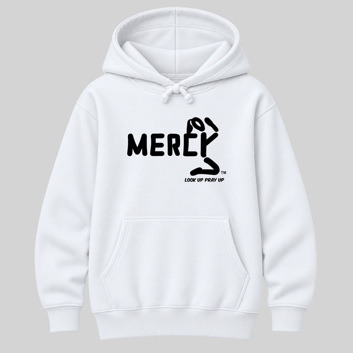 MERCY Christian Heavyweight Hoodie White front - Ponytail profile