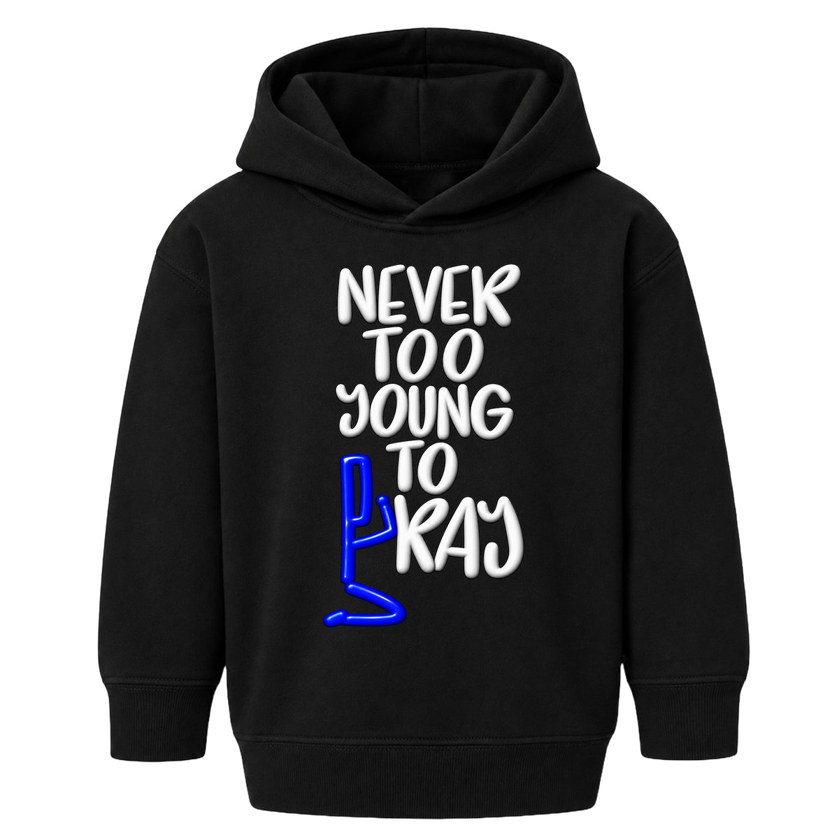 NEVER TOO YOUNG TO PRAY October 7 approved kids hoodie black front — Original profile, EMBOSS