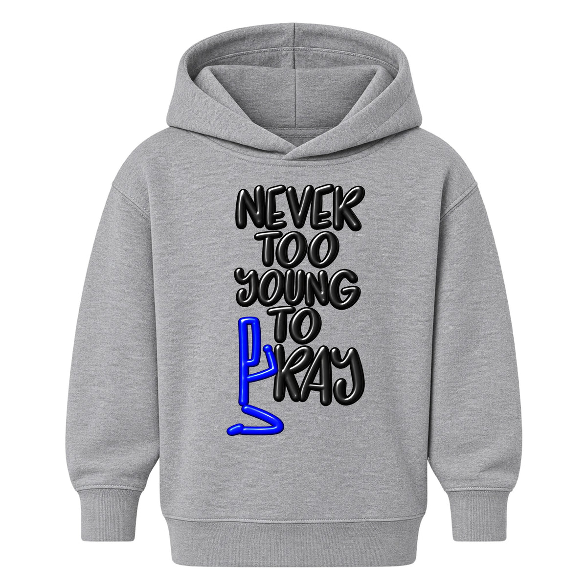 NEVER TOO YOUNG TO PRAY October 7 approved kids hoodie Heather Gray front — Original profile, EMBOSS