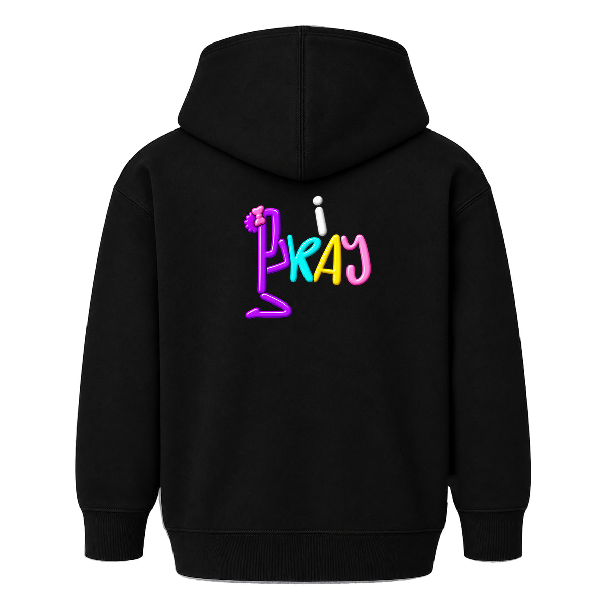 i PRAY matching kids hoodie black back — Bun profile, EMBOSS