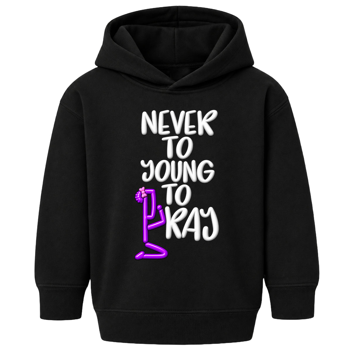 NEVER TOO YOUNG TO PRAY October 7 approved kids hoodie black front — Bun profile, EMBOSS