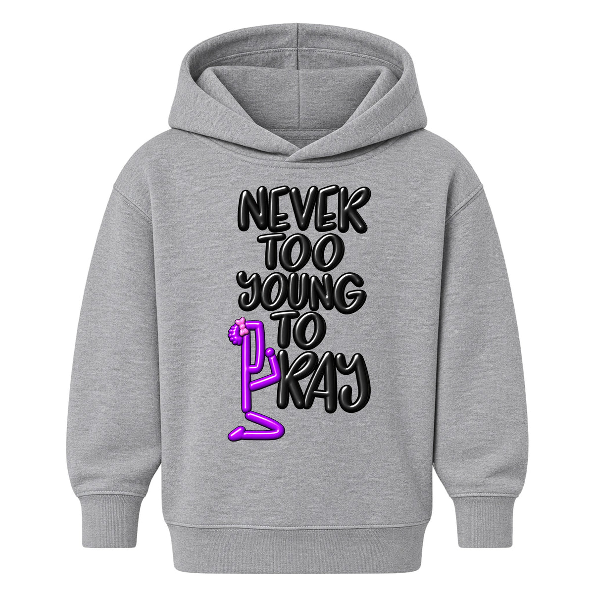 NEVER TOO YOUNG TO PRAY October 7 approved kids hoodie Heather Gray front — Bun profile, EMBOSS