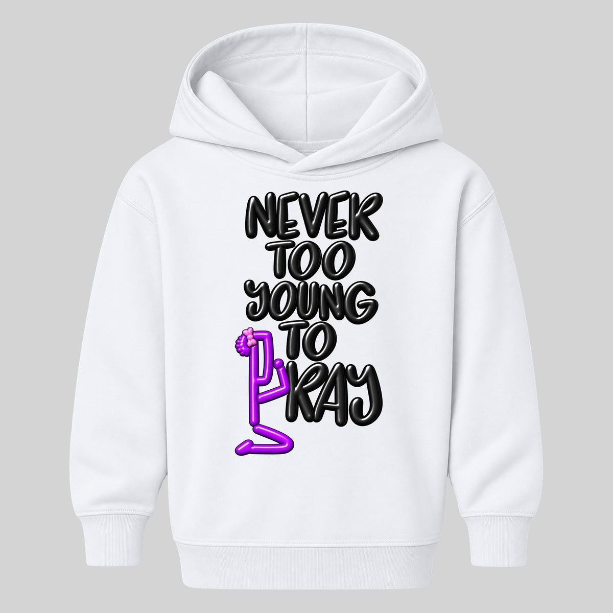 NEVER TOO YOUNG TO PRAY October 7 approved kids hoodie white front — Bun profile, EMBOSS