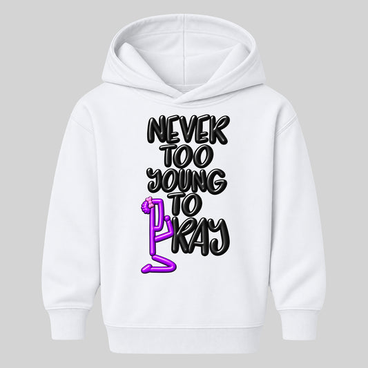NEVER TOO YOUNG TO PRAY October 7 approved kids hoodie white front — Bun profile, EMBOSS