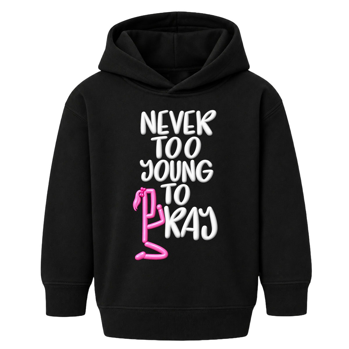 NEVER TOO YOUNG TO PRAY October 7 approved kids hoodie black front — Ponytail profile, EMBOSS