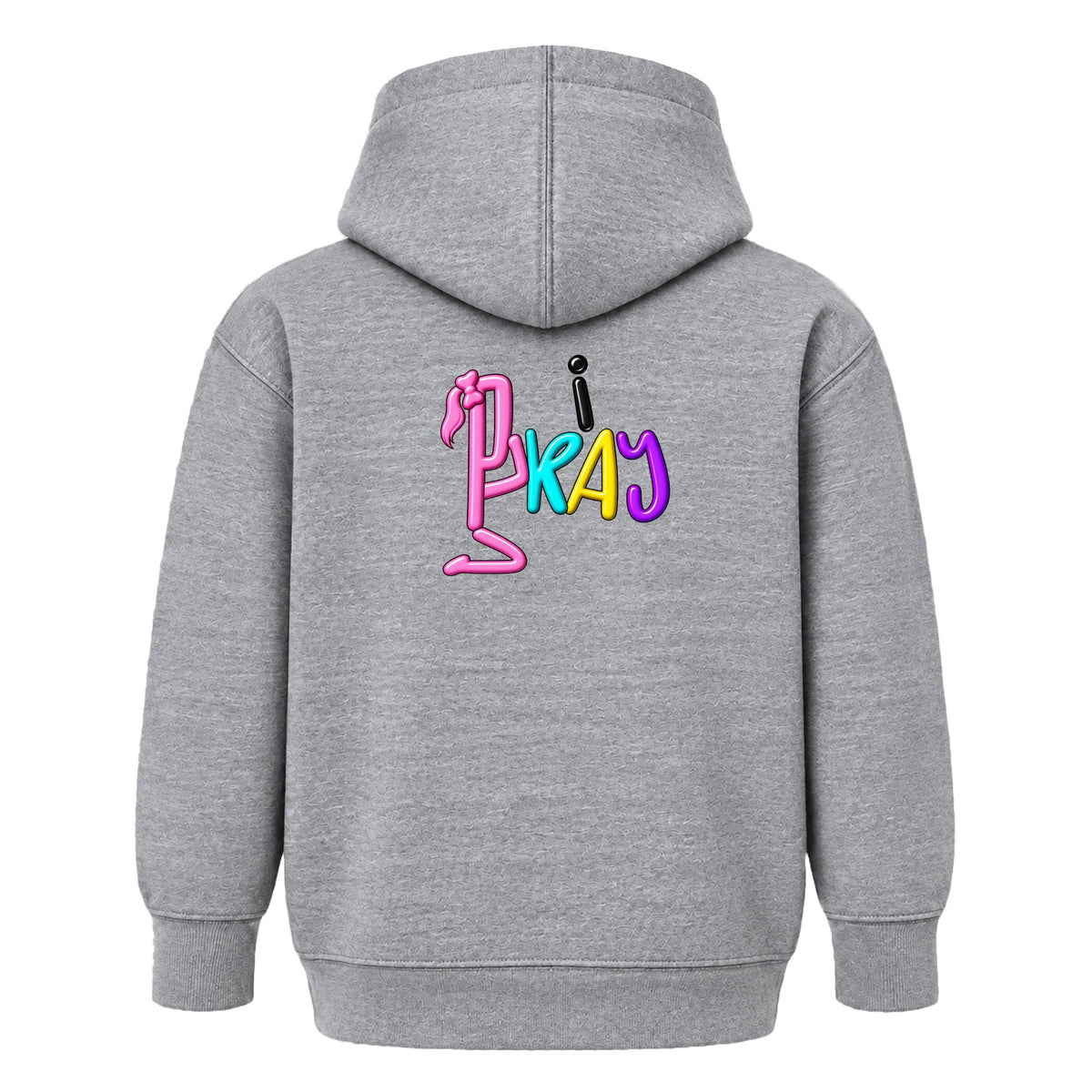 i PRAY matching kids hoodie Heather Gray back — Ponytail profile, EMBOSS