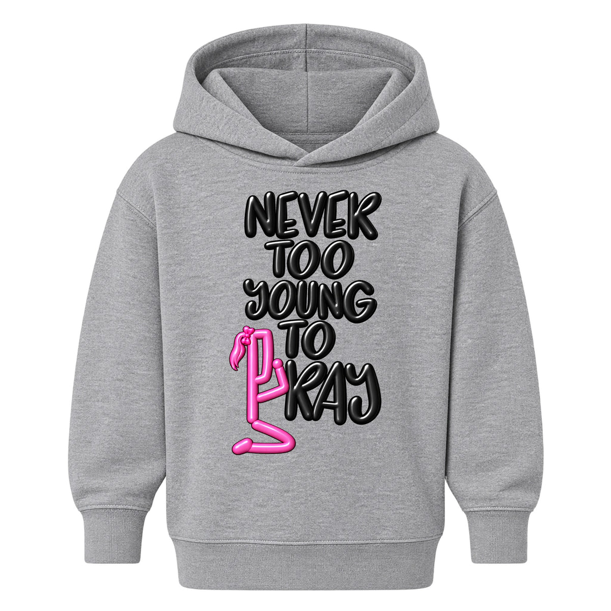 NEVER TOO YOUNG TO PRAY October 7 approved kids hoodie Heather Gray front — Ponytail profile, EMBOSS