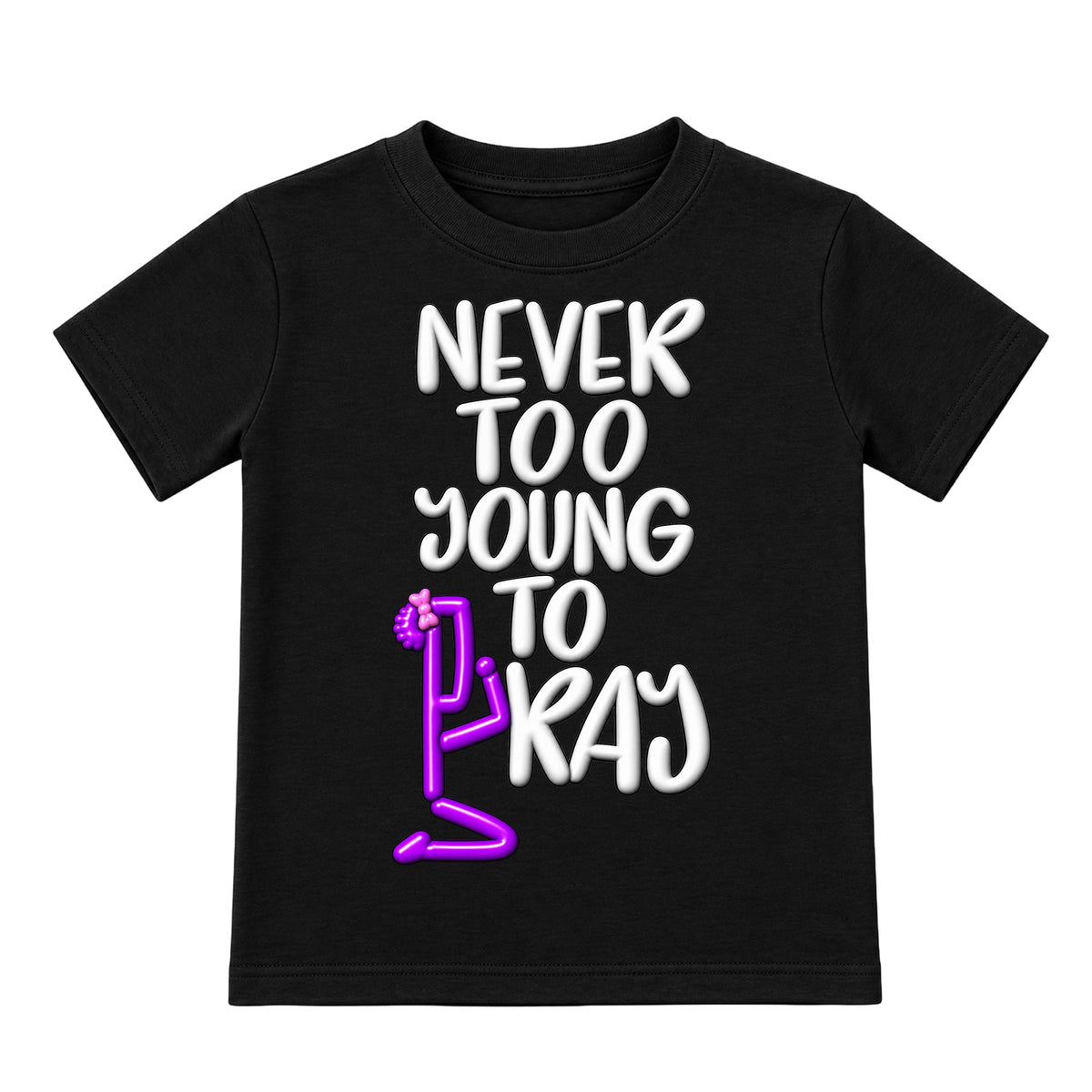 NEVER TOO YOUNG TO PRAY Black kids T-shirt front, Bun profile