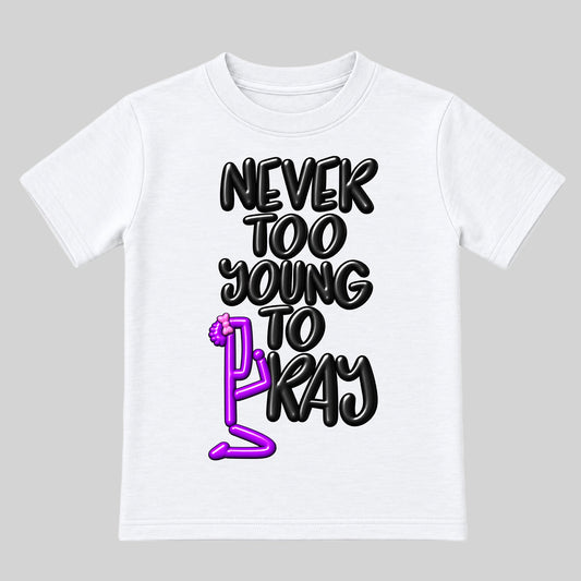 NEVER TOO YOUNG TO PRAY White kids T-shirt front, Bun profile