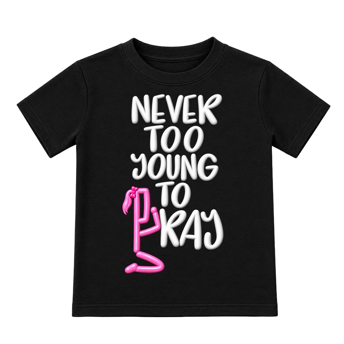 NEVER TOO YOUNG TO PRAY Black kids T-shirt front, Ponytail profile