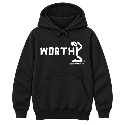 WORTHY Christian Heavyweight Hoodie Black front - Bun profile