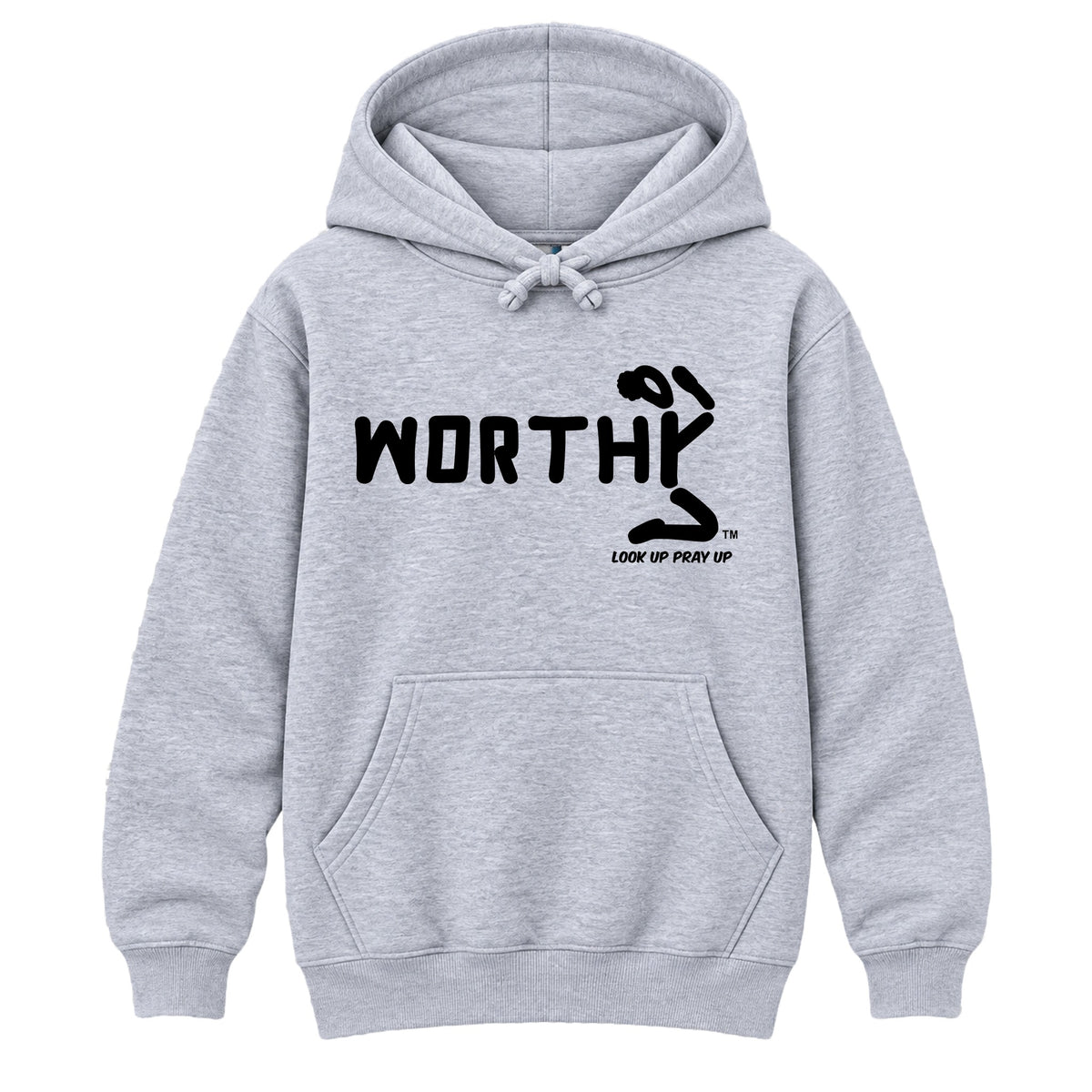 WORTHY Christian Heavyweight Hoodie Heather Gray front - Bun profile