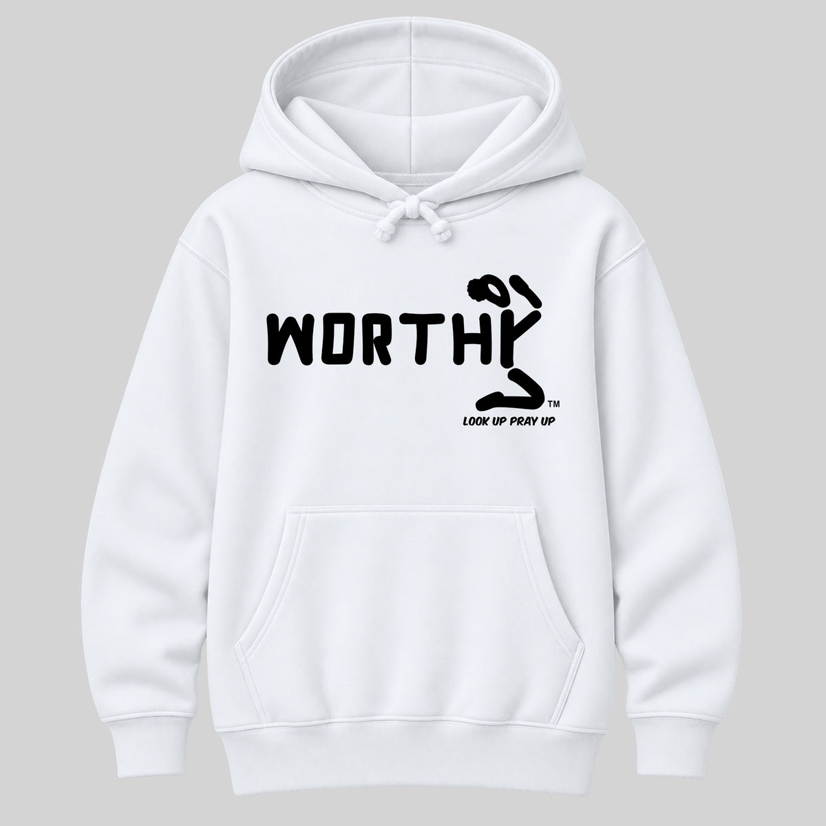 WORTHY Christian Heavyweight Hoodie White front - Bun profile