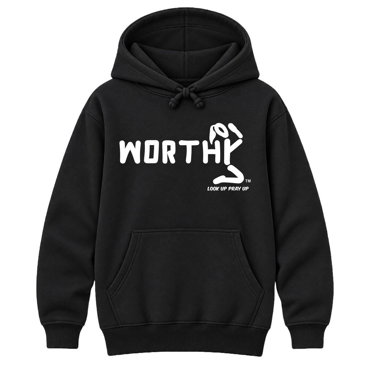 WORTHY Christian Heavyweight Hoodie Black front - Ponytail profile