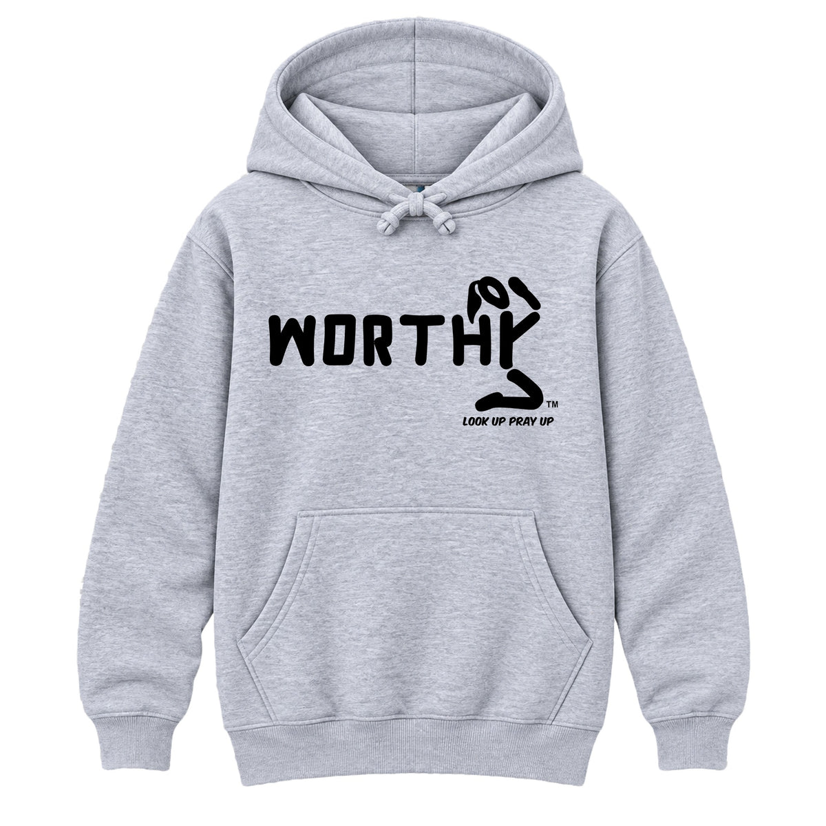 WORTHY Christian Heavyweight Hoodie Heather Gray front - Ponytail profile