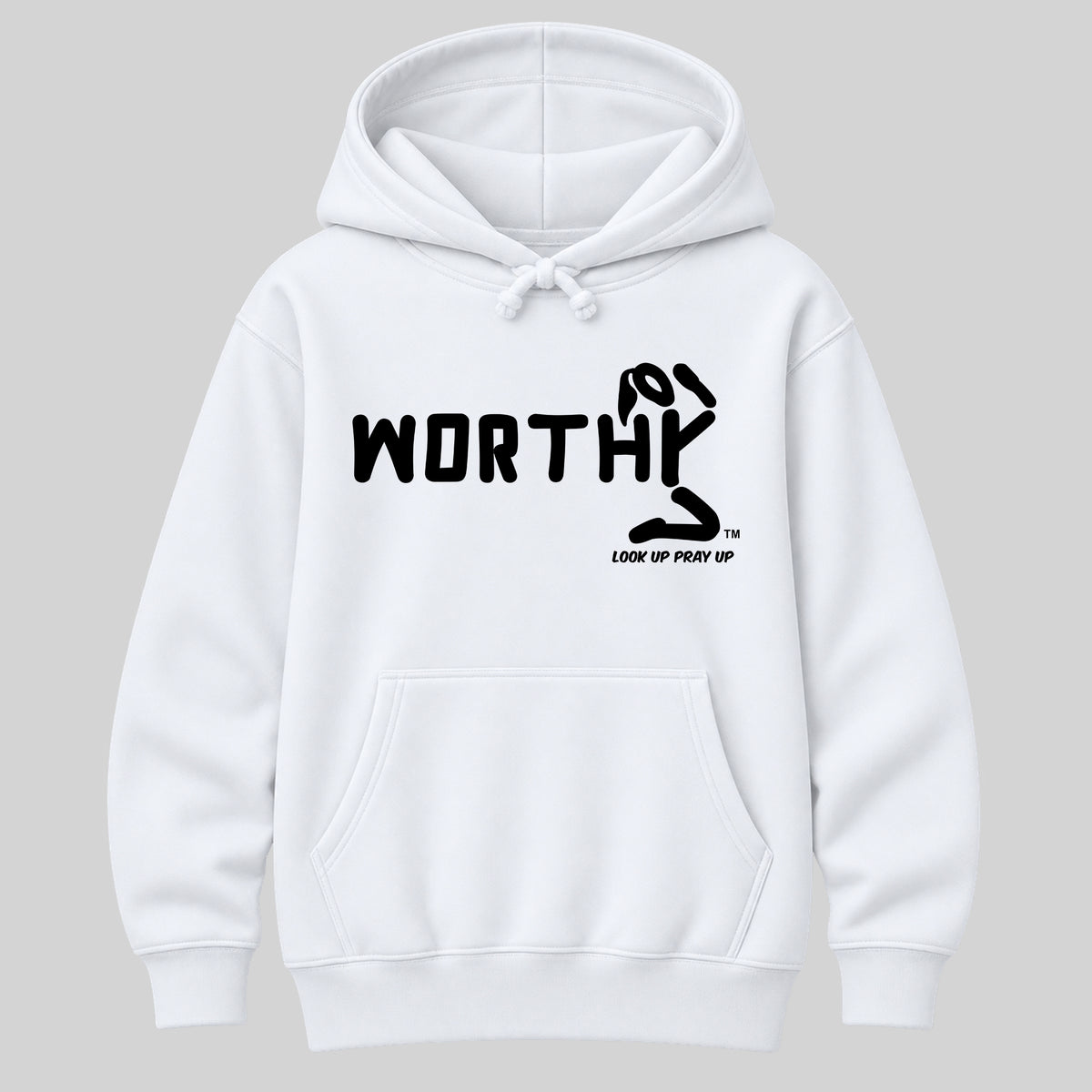 WORTHY Christian Heavyweight Hoodie White front - Ponytail profile
