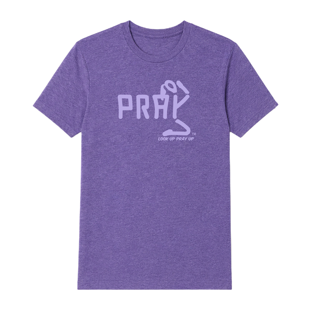 PRAY adult T-shirt Heather Purple front — Ponytail